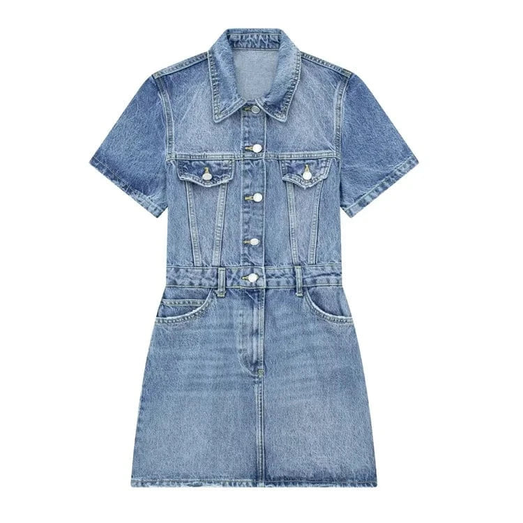 XS / Blue Women Short Sleeve Single Breasted Turn-down Collar Denim Bodycon Mini Dress 2024 Fashion Chic Dresses