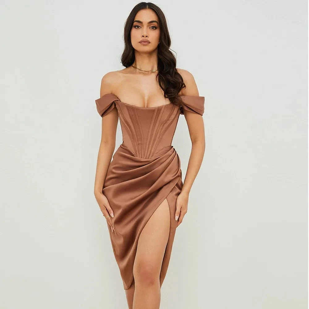 XS / Brown 2024 Night Dresses For Women Luxury Party Club Corset Dress Strapless Satin Silky Night Out Elegant Cocktail  Dresses