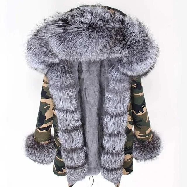 XS / Camouflage Drop Ship Maomaokong Real Fur Jacket Natural Rabbit Fur Lined Long Parka Fur Coat