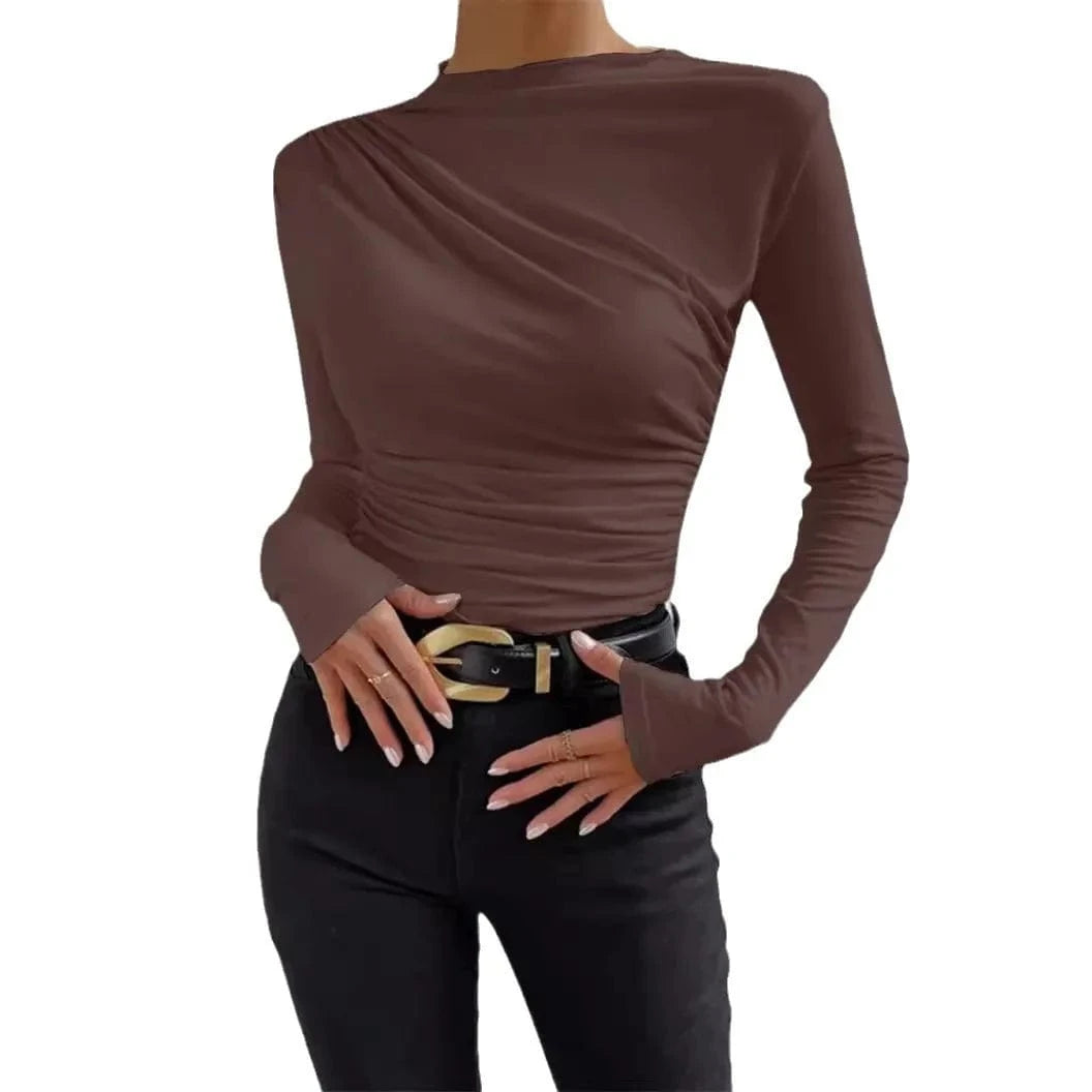 XS / coffee / Polyester 2024 Solid Casual Pleated T-shirt For Women Patchwork Long Sleeve High Waist Inner Ruffled Crop top Ladies Vintage Top Tee