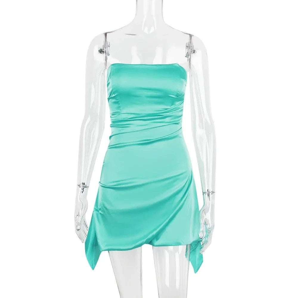 XS / Green luxury party off the shoulder silk bridesmaid ruched tight hot sexy elegant tube corset mini satin strapless dress for women