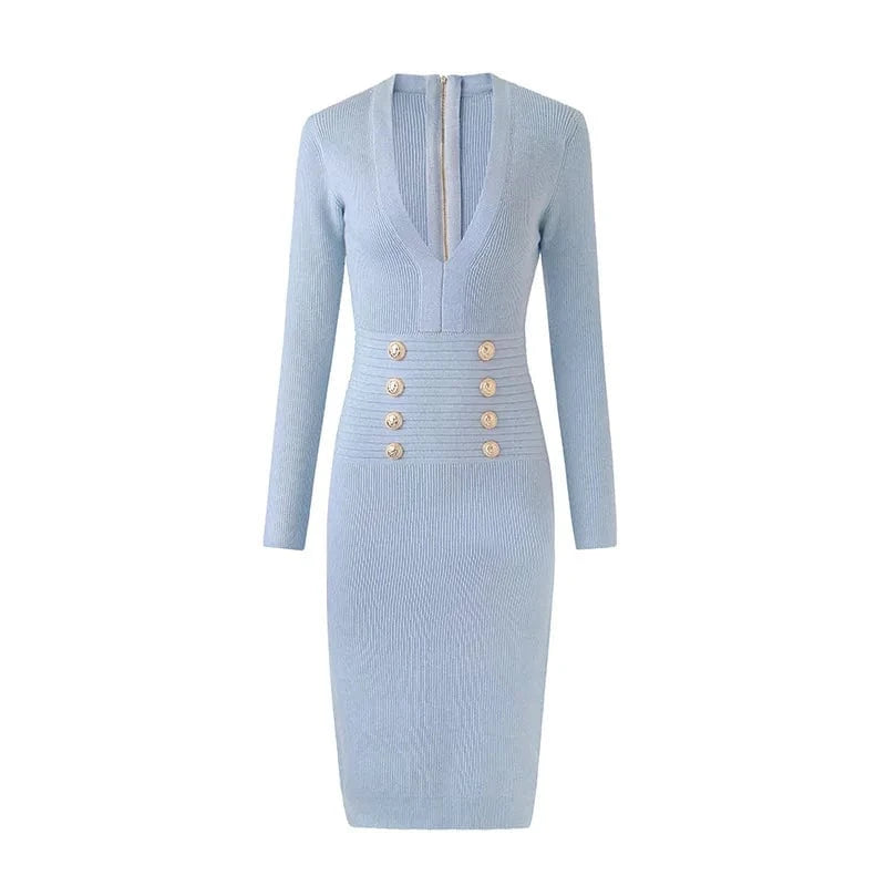 XS / Light Blue Spring 2023 new arrivals knitted dress women casual long sleeve sweater dress casual deep V neck knit dresses