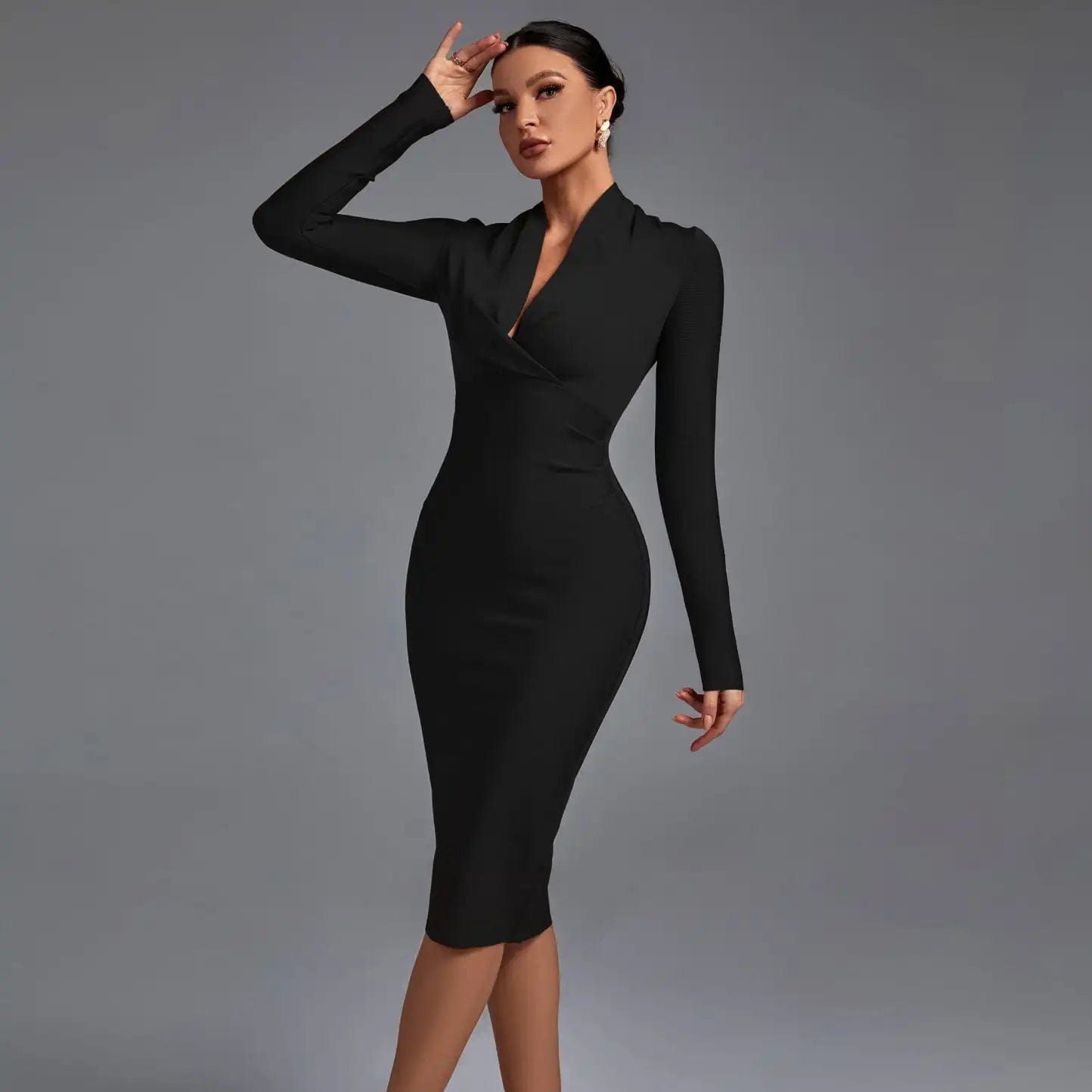xs / PFHJ649 black Ocstrade Vestidos Fall Winter Women Long Sleeve Low V Neck Elegant Maxi Bodycon Wedding Evening Bandage Dresses Modern Dress