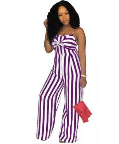 XS / Purple Summer Backless Striped Jumpsuit Women Sexy Party Clubwear Casual Bowtie Overalls Jumpsuits Plus Size Y11675