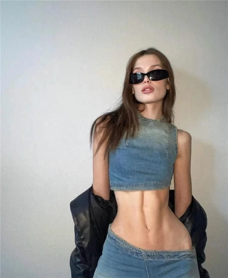 Xs Size Denim Two Piece Set Women Jeans Suit Strapless Crop Top Slant Waist Flare Pants Casual Outfits