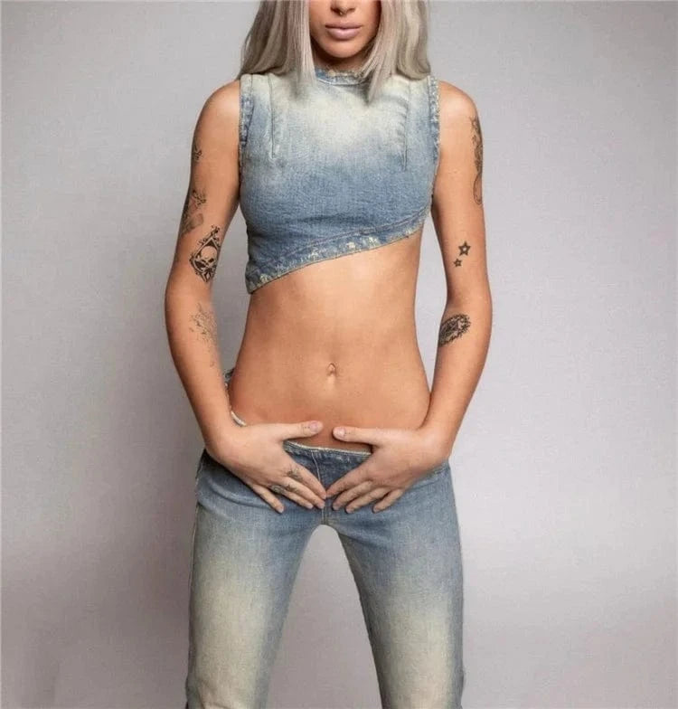 Xs Size Denim Two Piece Set Women Jeans Suit Strapless Crop Top Slant Waist Flare Pants Casual Outfits