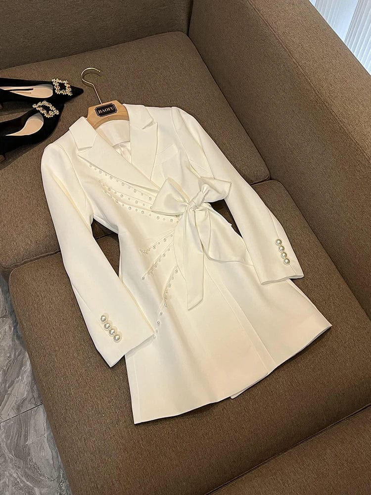 XS / White Fall Winter Fashion Cloth Women Delicacy Bow Designed Long Sleeve Notched Beading Lady Blazer Dress