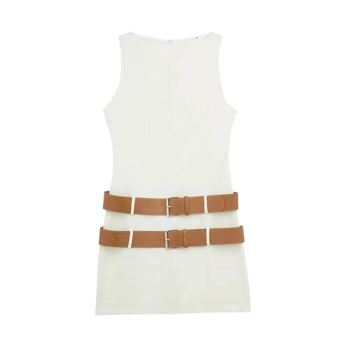 XS / White ZHEZHE Fashion 2024 Sleeveless Belt Patchwork Mini Dress Women Summer Clothing Boutique Unique Elegant Dresses