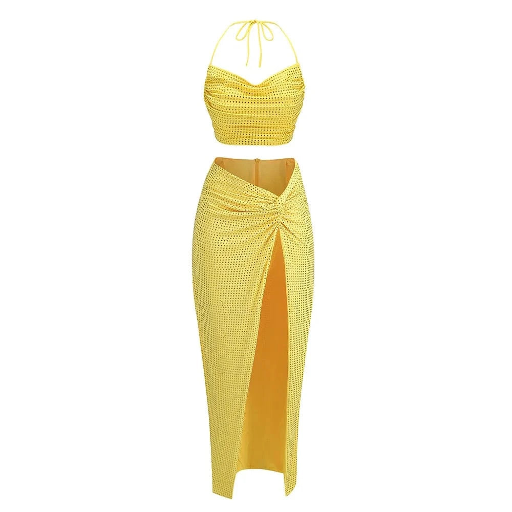 XS / Yellow High Quality Rhinestone Design Two Pieces Sets Lace-Up Skirts Fashionable Sexy Women Elegant Ladies Club Party Dress