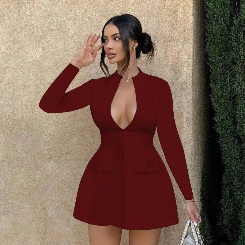 XS / Z928DS Red Bomblook Z928DS Elegant Solid Office Lady Blazer Dress Women Hipster Sexy Deep V-Neck Long Sleeve Bodycon Mini Dresses