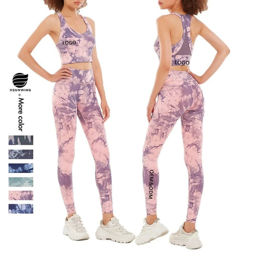 Xsunwing Custom LOGO Plus Size Two Piece Activewear suit Women Sports Bra Printed Yoga Set Fitness sportswear gym sets WSB9904