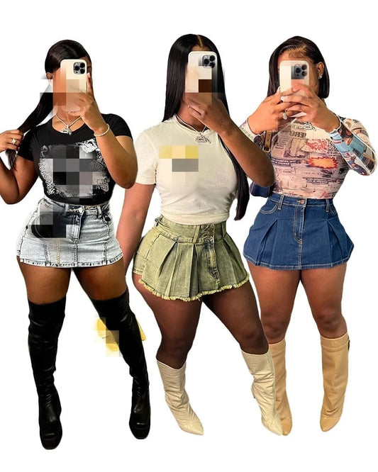 Xt8205 Ready To Ship 2024 Fall Women Clothing S-2xl Pleated Shorts Jeans Denim Stretchy Women's Skirts