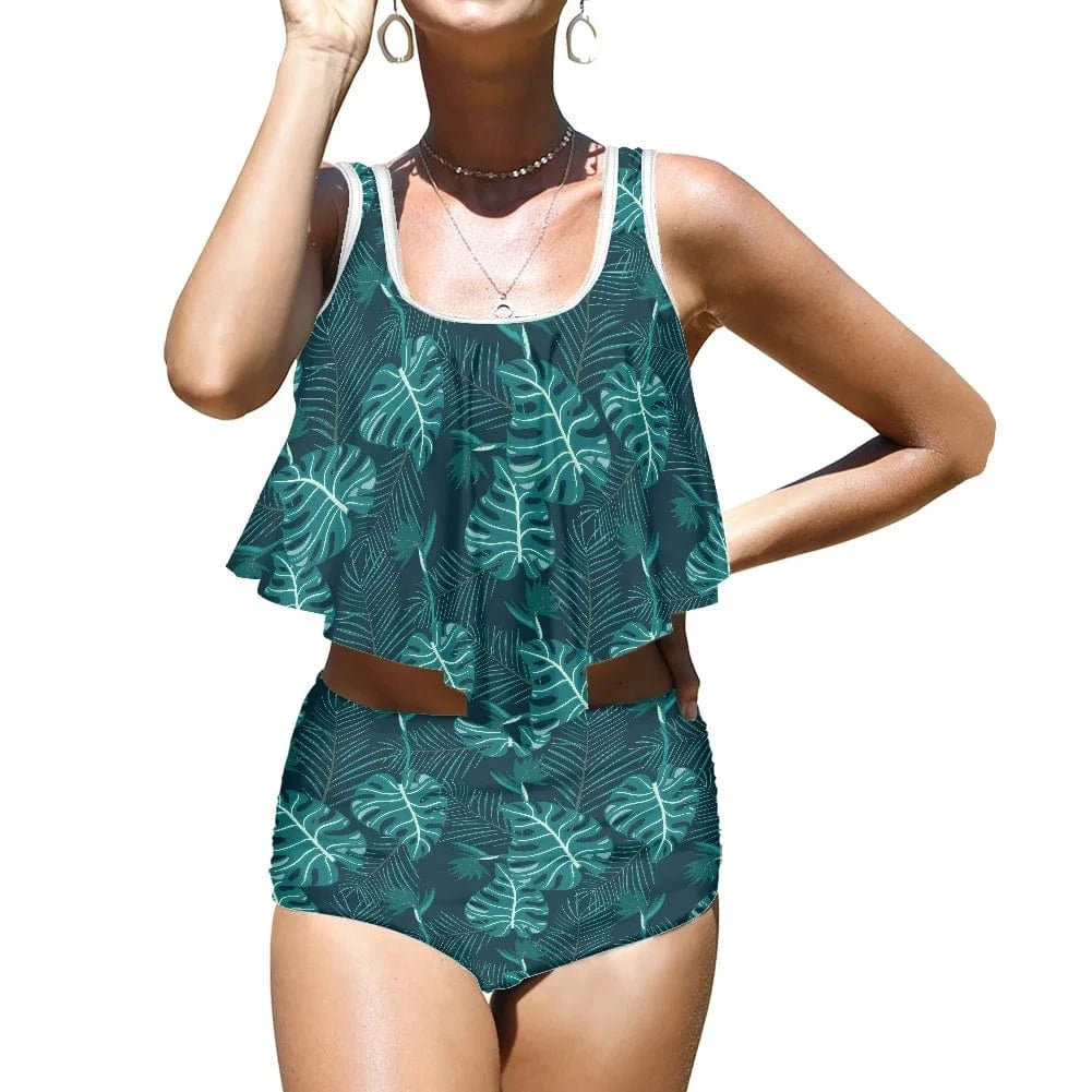 XXL / 3 Custom 1MOQ Women Swimsuits Vintage Samoan Tribal Print High Waist Top Ruffle Push Up Padded Bra Bathing Suit