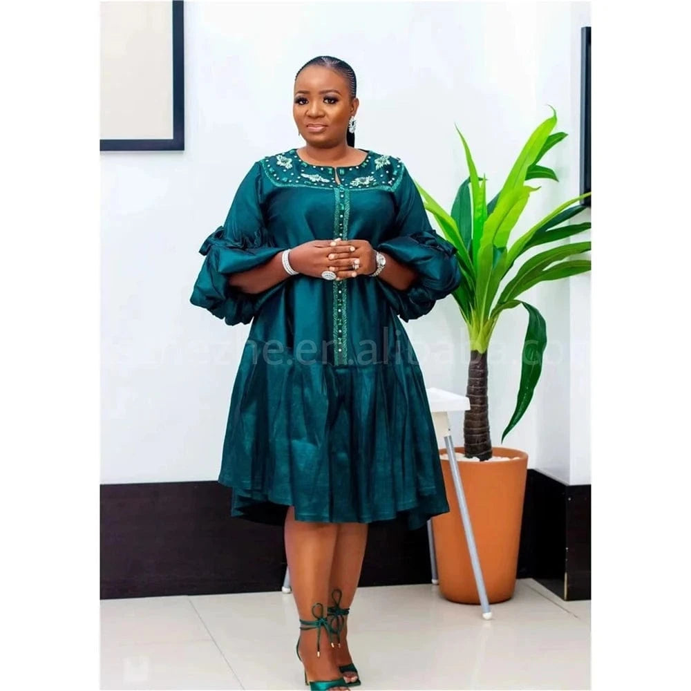 xxl-5xl Plus Size 2024 Spring Long Sleeve Satin Muslim Robe Dress Elegant Loose Maxi Beaded Dress Party Dress African Women