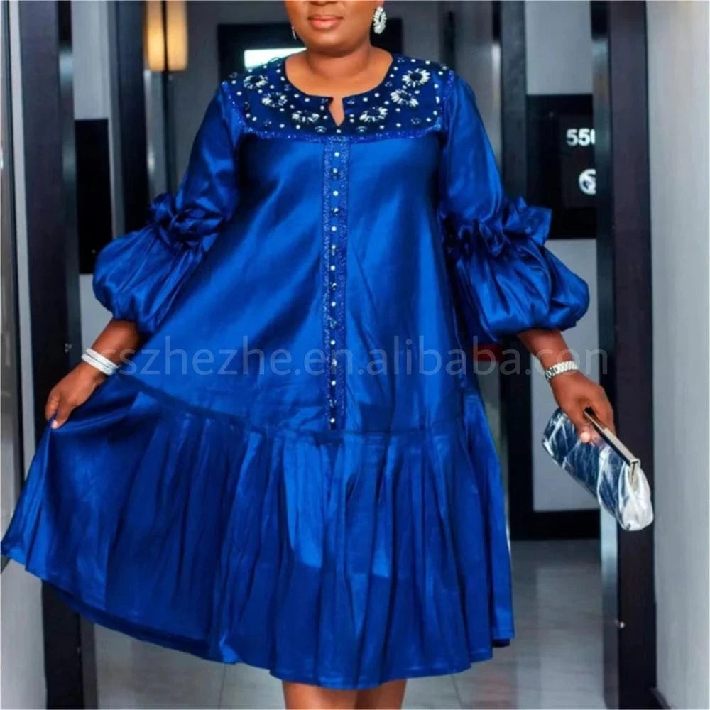 xxl-5xl Plus Size 2024 Spring Long Sleeve Satin Muslim Robe Dress Elegant Loose Maxi Beaded Dress Party Dress African Women