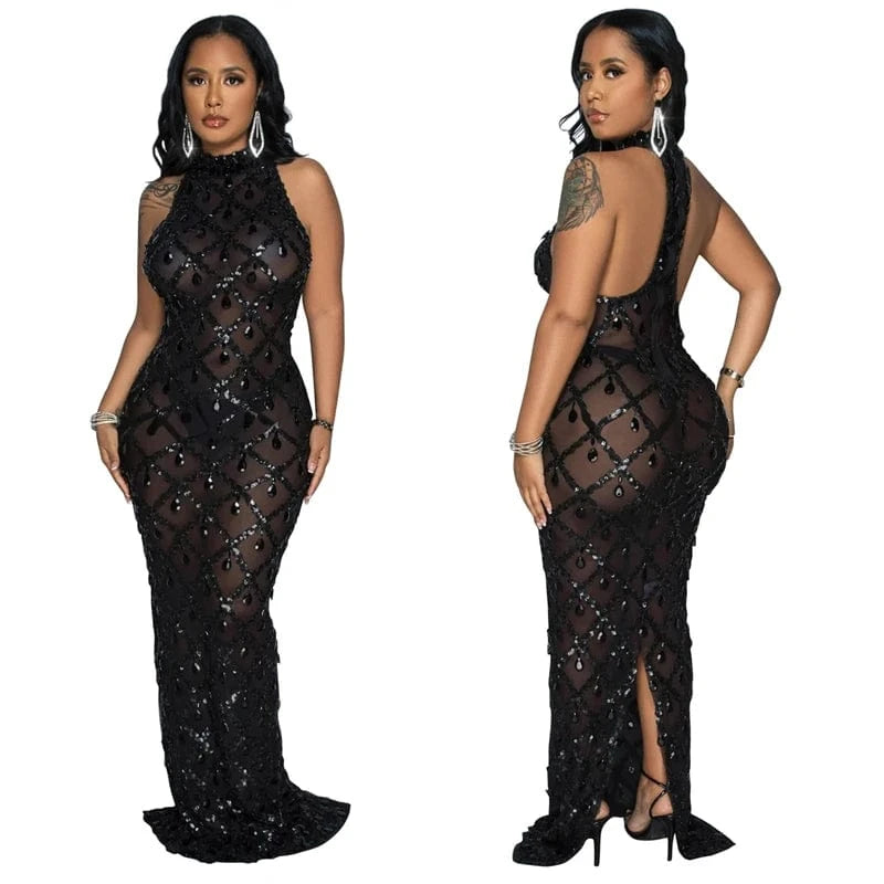 XXL / Black 2024 women see through sexy sleeveless elegant vintage mesh party prom maxi floor length sequin evening gown dress with sequin