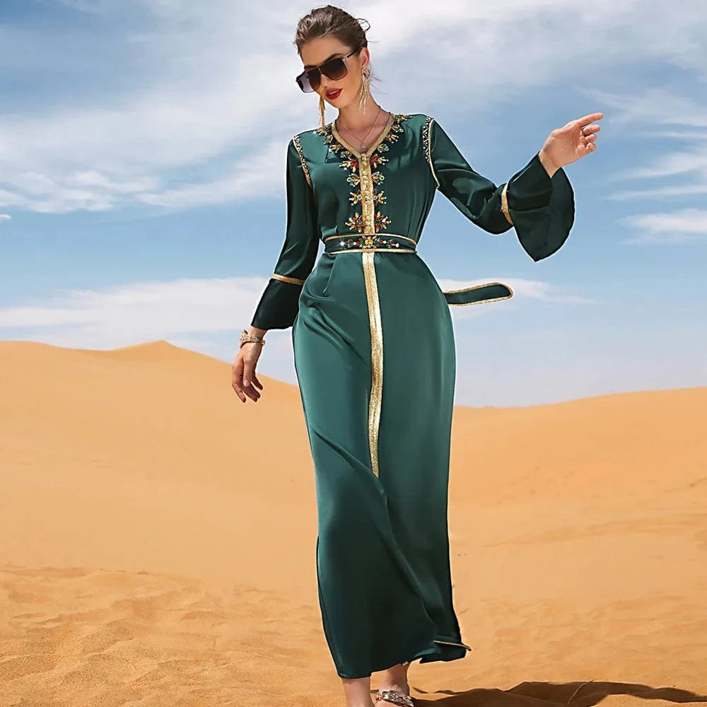 XXL / Dark Green In Stock Complex Craft Sewing Diamond Dress Dubai Muslim Islamic Fashion Abaya Clothing Modern Dress