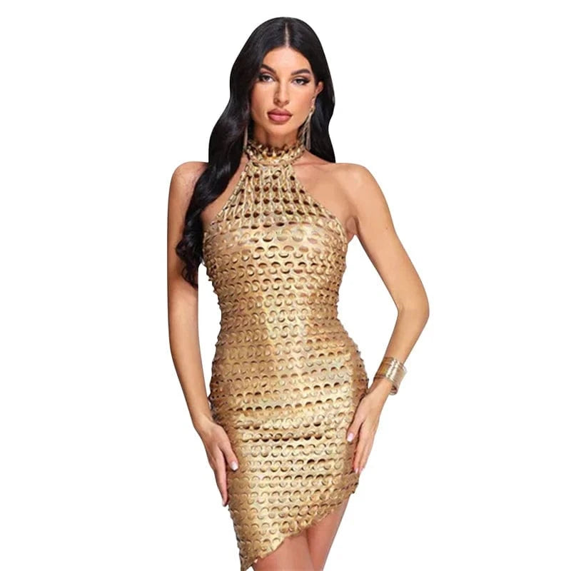 XXL / Golden women transparent cute sexy club wear black sleeveless halter neck bodycon mini dress night club summer clothing for women