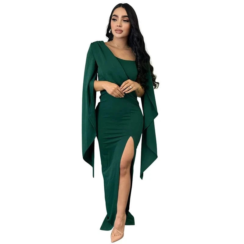 XXL / Green 2024 high quality luxury xxl women green ruffled shoulder black green high split long african wedding evening dress for women