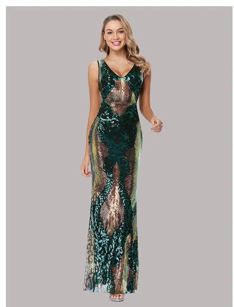 XXL / Green Regular Fit mermaid Prom Dresses Party Maxi Sequin Evening Dress Women's Plus Size Long Evening Slit Sleeveless Dress