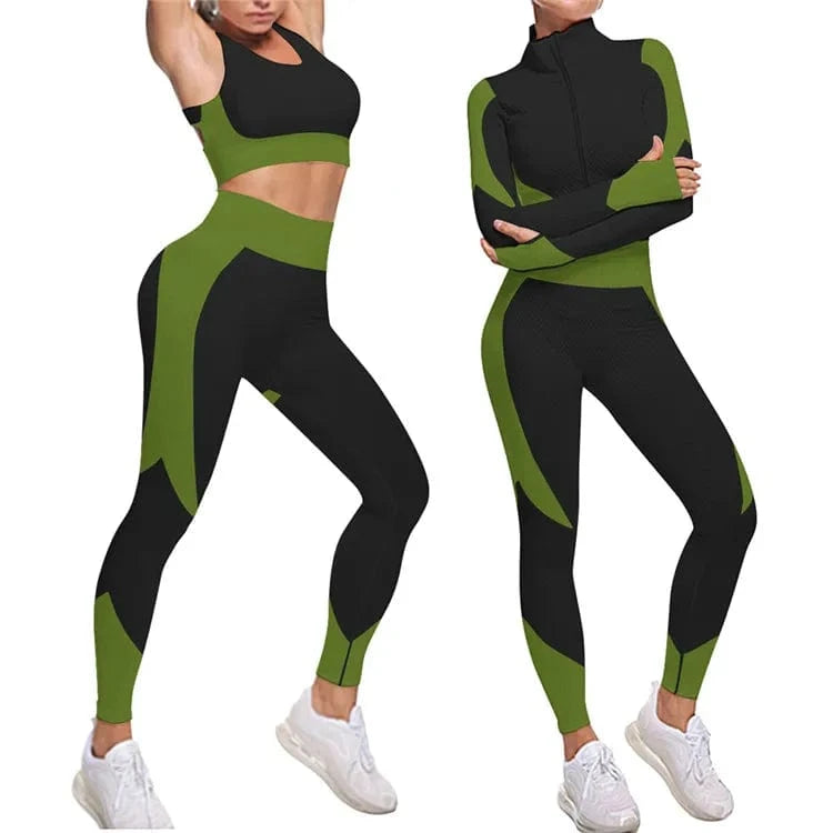 XXL / Green Wholesale Plus Size Gym Clothes Seamless Yoga Suit Workout 3 Piece Exercise Active Wear Long Sleeve Yoga Sets Fitness Women