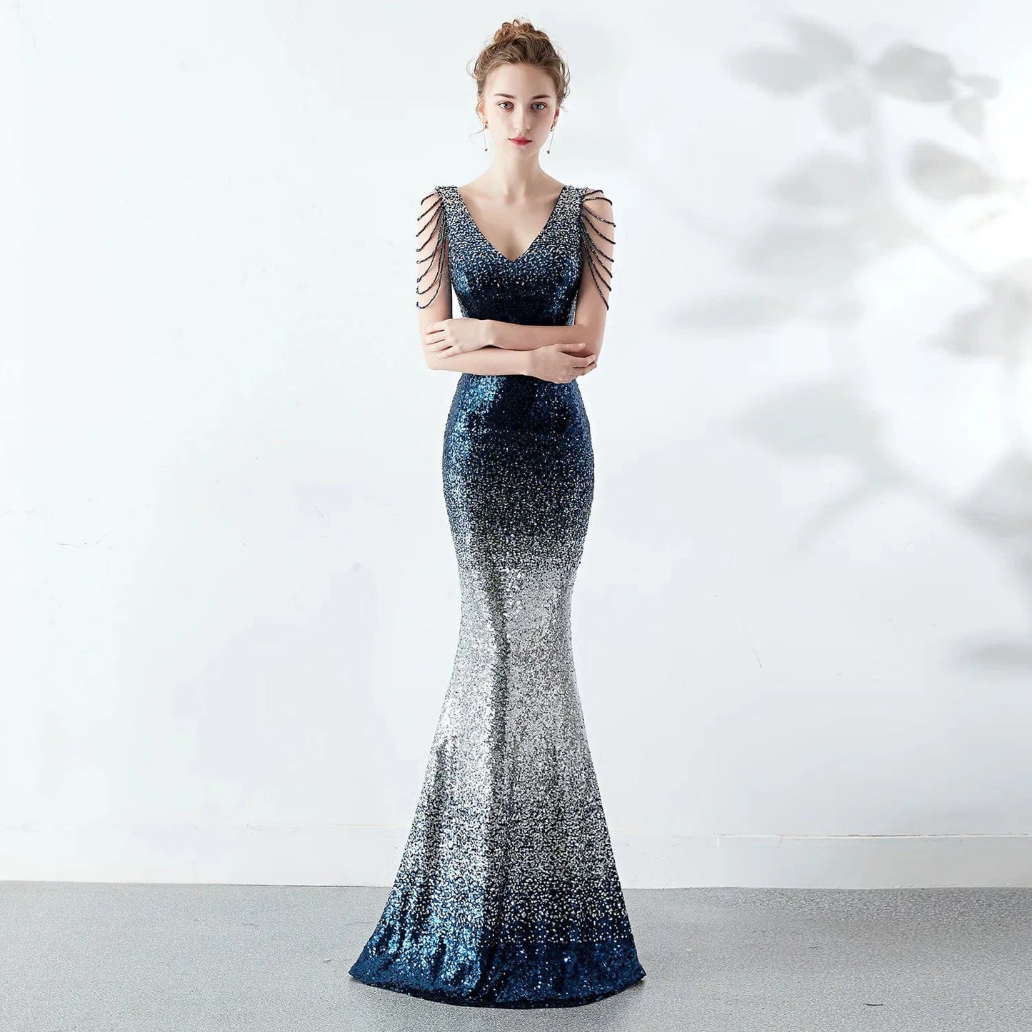 XXL / Navy blue silver navy blue 16180#6 2024 New Women Annual Party Hosting Club Evening Gradient Crystal Chain Sexy Slim-fit Party Dress
