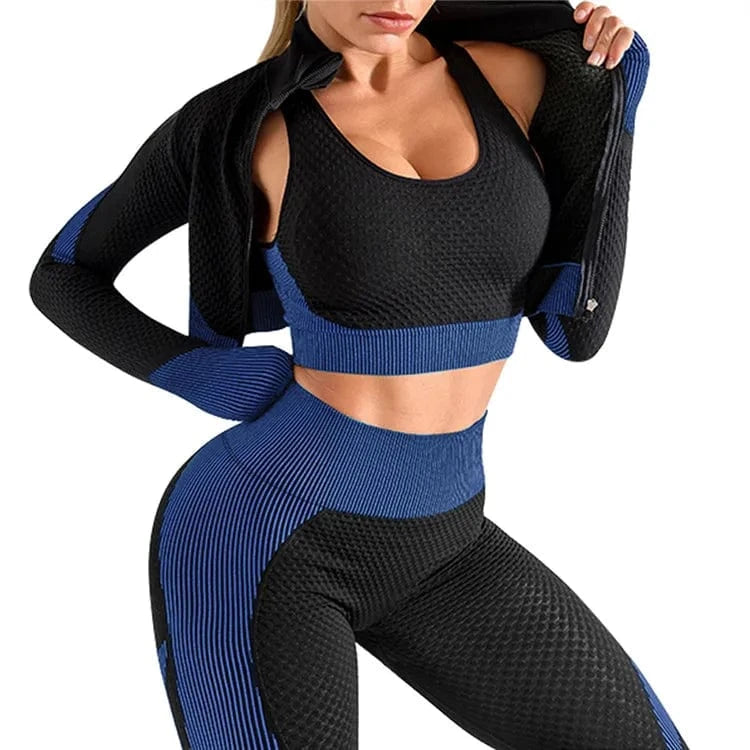 XXL / NAVY Wholesale Plus Size Gym Clothes Seamless Yoga Suit Workout 3 Piece Exercise Active Wear Long Sleeve Yoga Sets Fitness Women