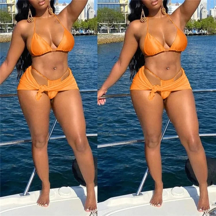 XXL / Orange Sexy Soild Bikini Set Micro Thong Women Skirt Cover Up 3 Piece Swimsuit 2024 Lace Up Bathing Suit Halter String Swimwear