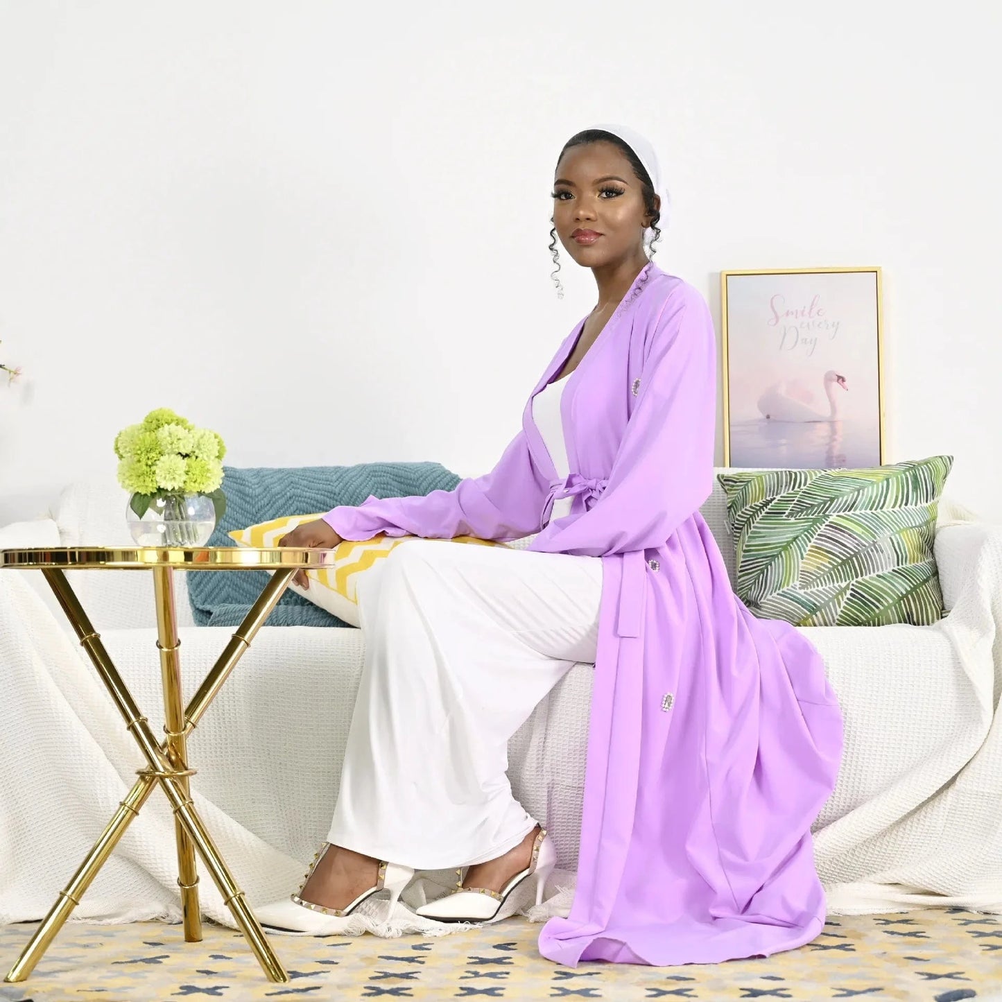 XXL / Pink purple Celebrity Style Beaded Flower Pattern Long Women Dubai Open Muslim Cardigan Abaya Black Muslim Abaya