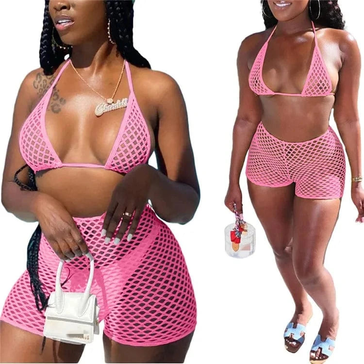 XXL / Pink Sexy 3 Piece Bikinis Sets Women Halter Bandage Hollow Out Mesh Skirt Swimsuit 2024 Summer Bathing Suit
