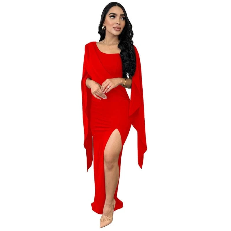 XXL / Red 2024 high quality luxury xxl women green ruffled shoulder black green high split long african wedding evening dress for women
