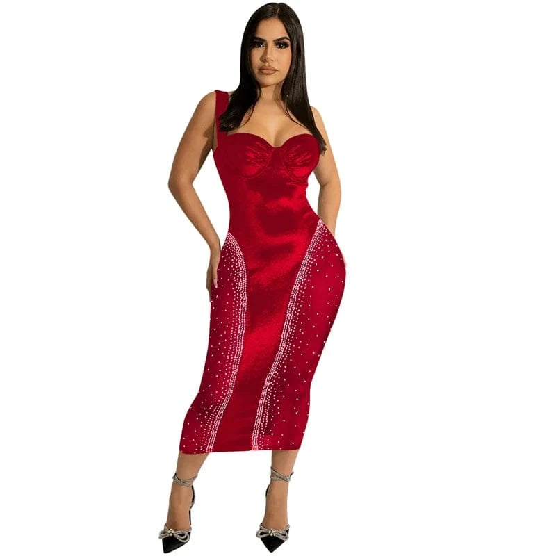 XXL / Red sexy women luxury rhinestone bead crystal diamond ball gown wedding evening prom bodycon sleeveless panel tulle wrap long dress
