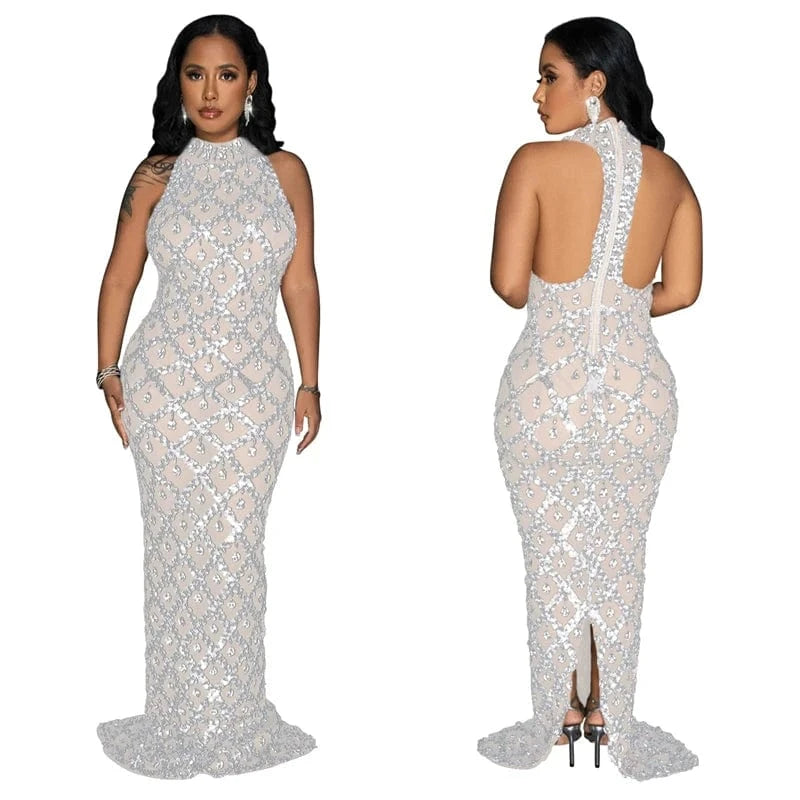 XXL / silver white 2024 women see through sexy sleeveless elegant vintage mesh party prom maxi floor length sequin evening gown dress with sequin