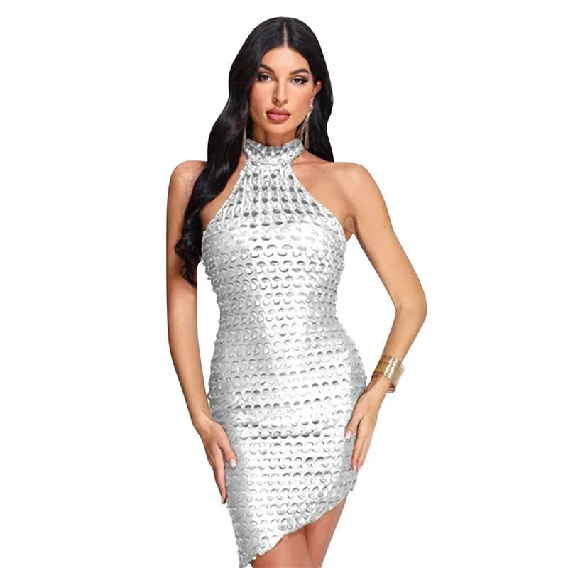 XXL / silver women transparent cute sexy club wear black sleeveless halter neck bodycon mini dress night club summer clothing for women