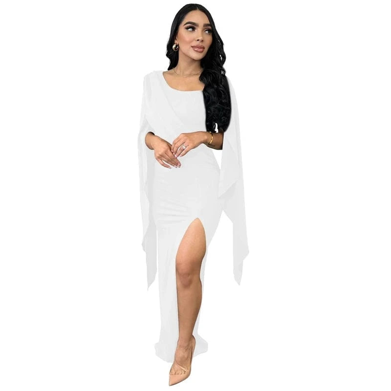 XXL / White 2024 high quality luxury xxl women green ruffled shoulder black green high split long african wedding evening dress for women