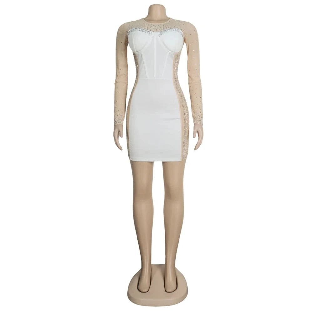 XXL / White VK2226 Autumn Fashion Plus Size Dress Bodycon Sexy Transparent Beading O-Neck Women Dress Long Sleeve