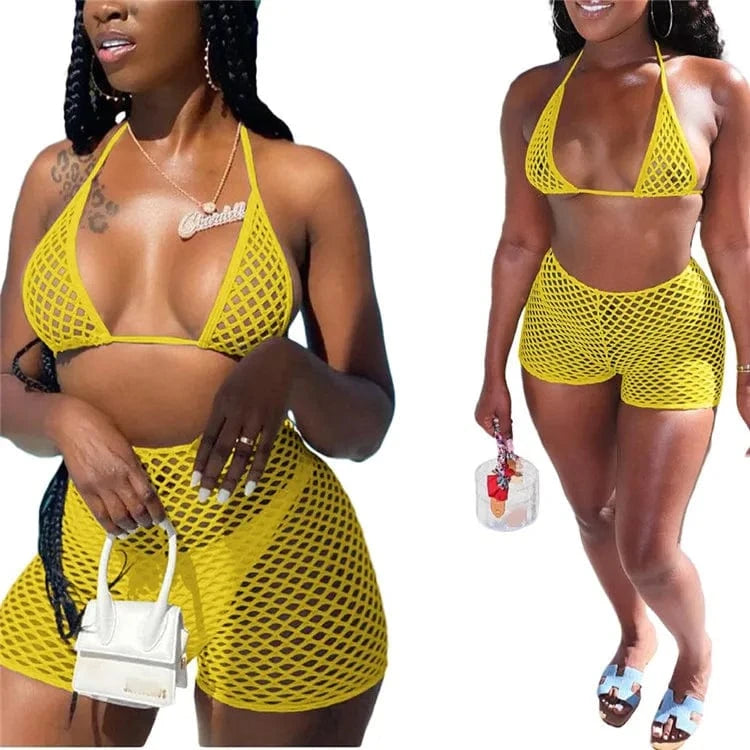XXL / Yellow Sexy 3 Piece Bikinis Sets Women Halter Bandage Hollow Out Mesh Skirt Swimsuit 2024 Summer Bathing Suit