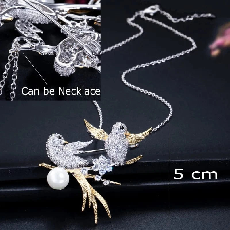 XZ0004 / Silver Plated+Gold Plated Elegant Small Animal Lucky Bird Design Sparkling Cubic Zircon Big Enamel Brooch for Women Scarf Buckle Luxury Jewelry Accessory