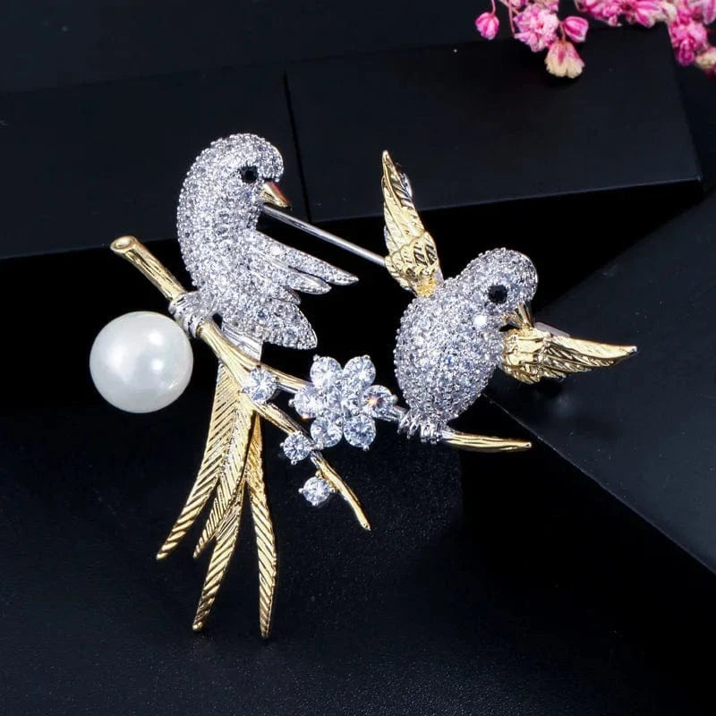 XZ0004 / Silver Plated+Gold Plated Elegant Small Animal Lucky Bird Design Sparkling Cubic Zircon Big Enamel Brooch for Women Scarf Buckle Luxury Jewelry Accessory