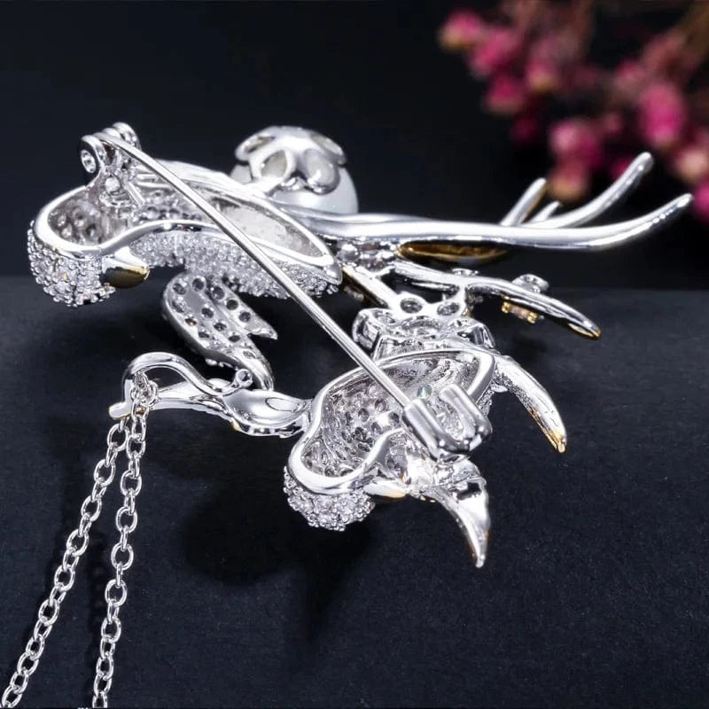 XZ0004 / Silver Plated+Gold Plated Elegant Small Animal Lucky Bird Design Sparkling Cubic Zircon Big Enamel Brooch for Women Scarf Buckle Luxury Jewelry Accessory