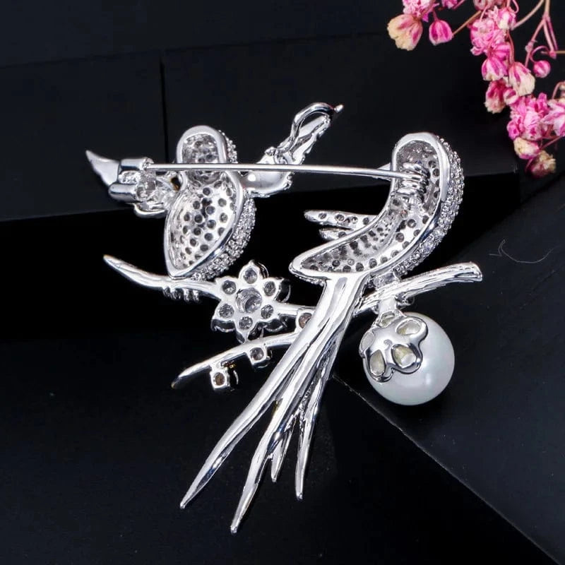 XZ0004 / Silver Plated+Gold Plated Elegant Small Animal Lucky Bird Design Sparkling Cubic Zircon Big Enamel Brooch for Women Scarf Buckle Luxury Jewelry Accessory