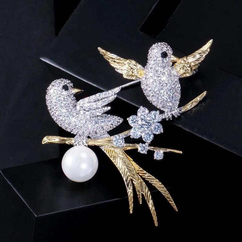 XZ0004 / Silver Plated+Gold Plated Elegant Small Animal Lucky Bird Design Sparkling Cubic Zircon Big Enamel Brooch for Women Scarf Buckle Luxury Jewelry Accessory