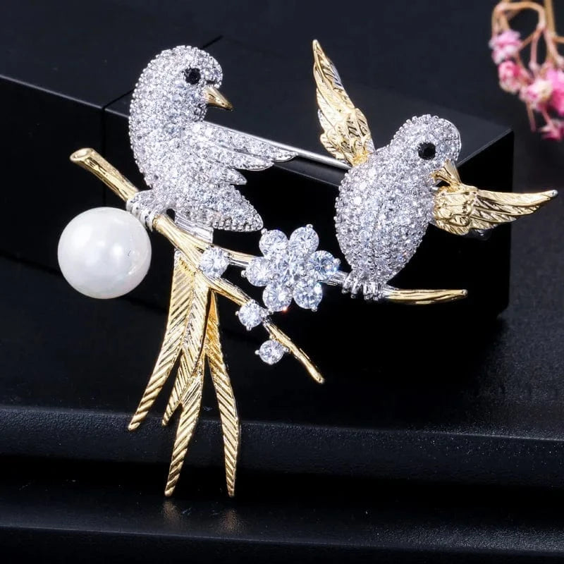 XZ0004 / Silver Plated+Gold Plated Elegant Small Animal Lucky Bird Design Sparkling Cubic Zircon Big Enamel Brooch for Women Scarf Buckle Luxury Jewelry Accessory