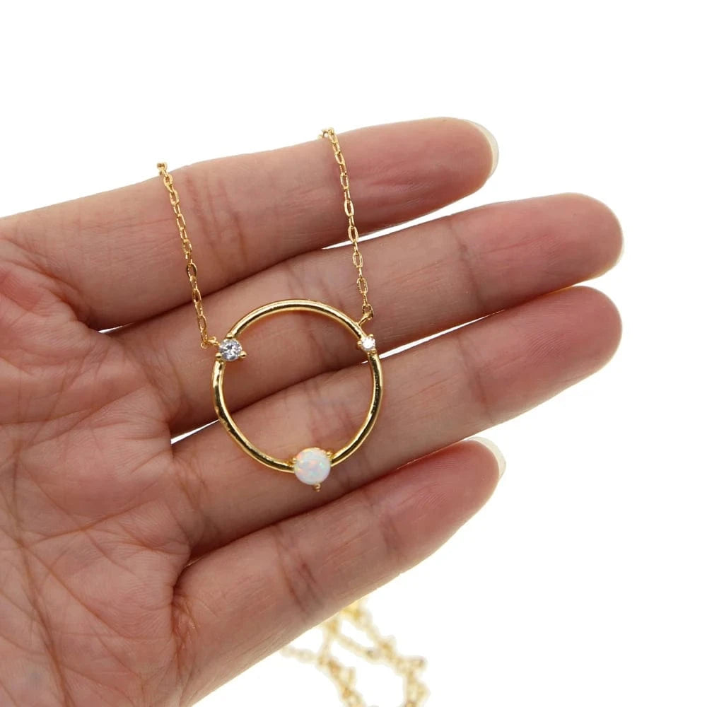 Y-Gold gold plated Hollow round circle shaped Geometric simple classic design opal opal round necklace for women fashion jewelry
