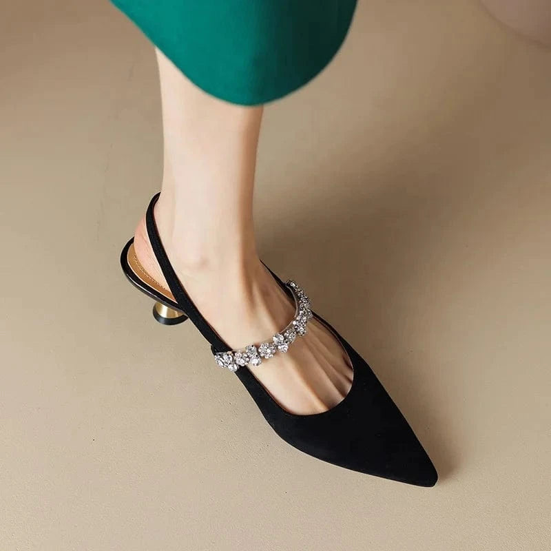 Y new fashion rhinestone soft pu black silver pointy Mary Jane ladies low heel single shoes closed toe heeled sandal for women
