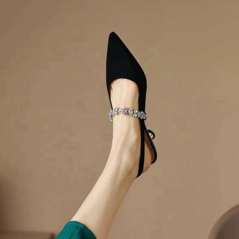 Y new fashion rhinestone soft pu black silver pointy Mary Jane ladies low heel single shoes closed toe heeled sandal for women