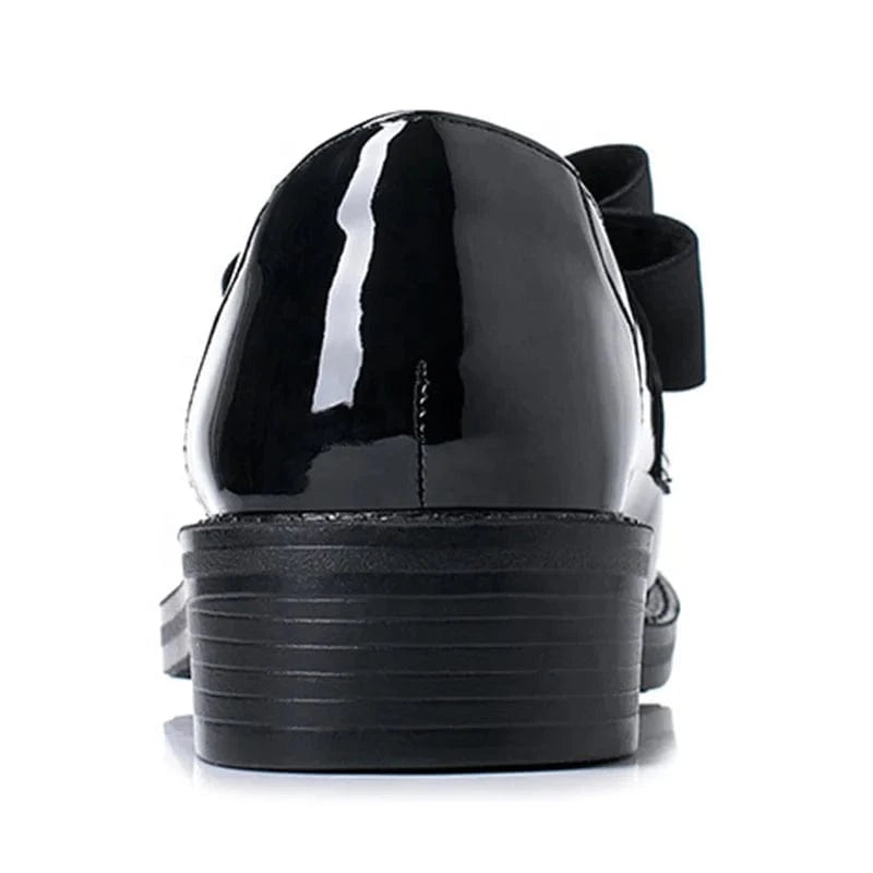 Y women singles patent leather soft wearable non-slip block heel Mary Jane British style black butterfly loafer shoes for ladies