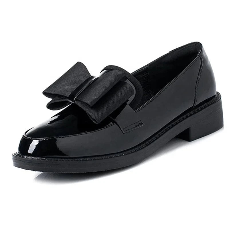 Y women singles patent leather soft wearable non-slip block heel Mary Jane British style black butterfly loafer shoes for ladies