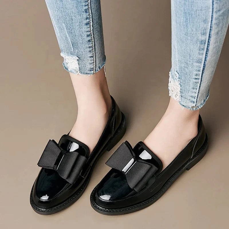 Y women singles patent leather soft wearable non-slip block heel Mary Jane British style black butterfly loafer shoes for ladies