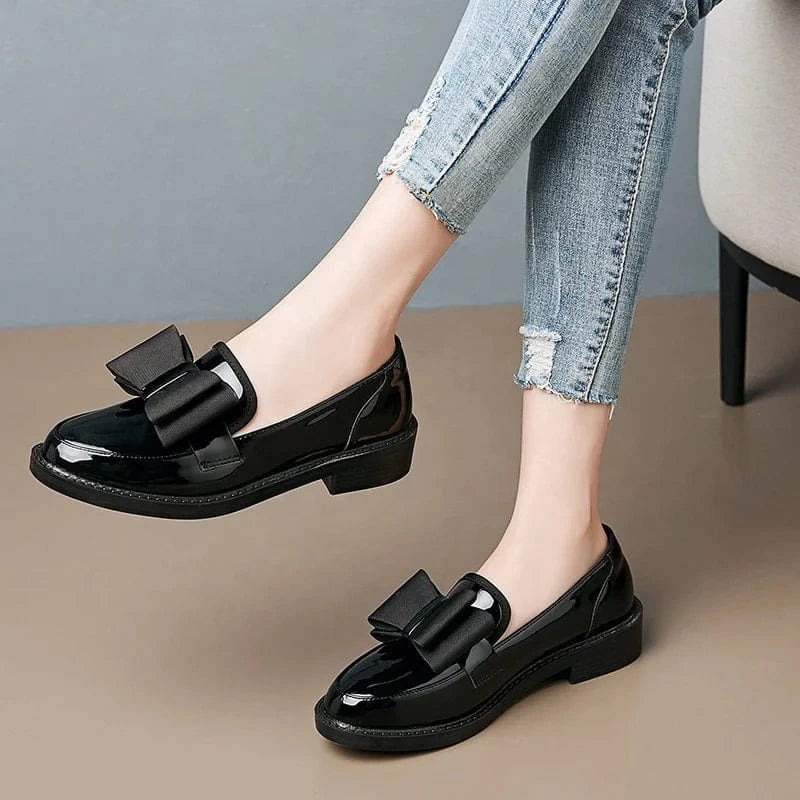 Y women singles patent leather soft wearable non-slip block heel Mary Jane British style black butterfly loafer shoes for ladies
